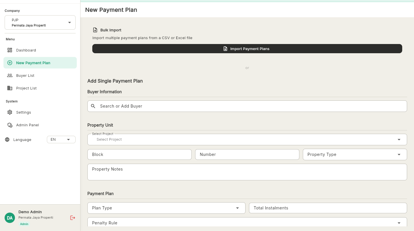 BayarTepat payment plan configuration interface
