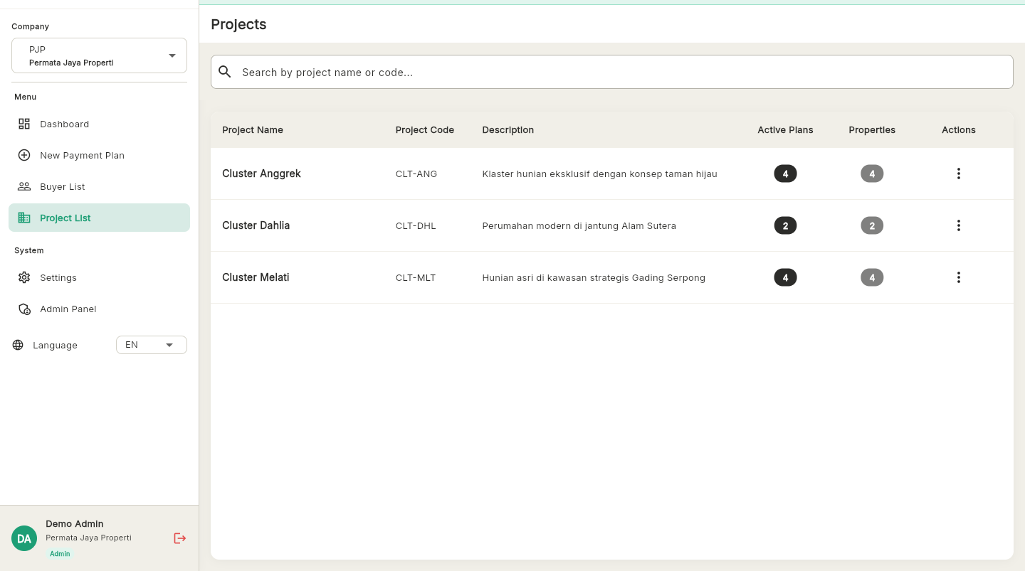Project list showing multiple developments