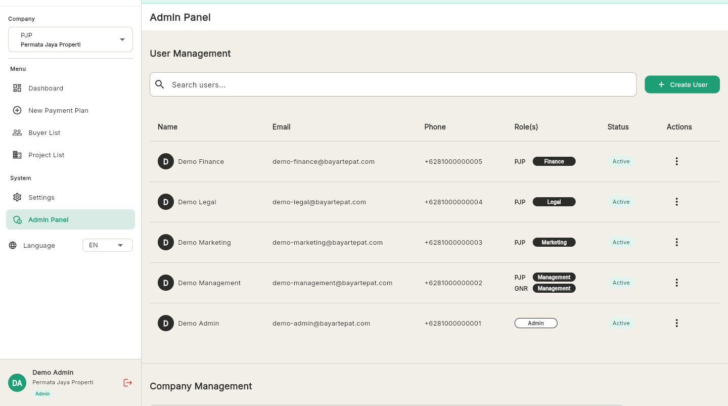 Admin panel with user and role management